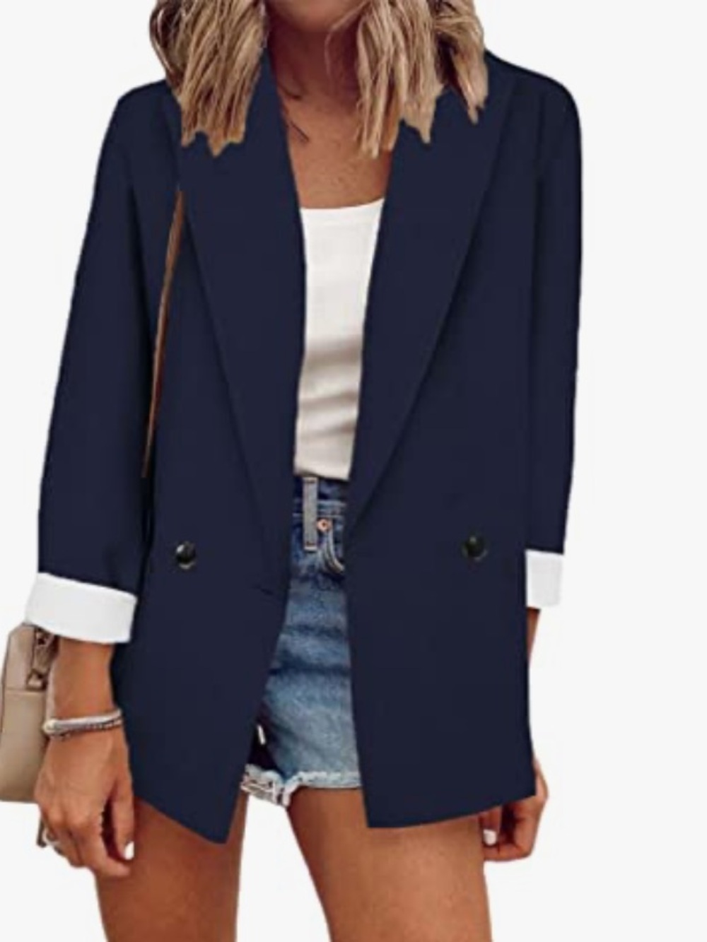 Womens Navy Blazer Long Sleeve with Turn Up White Cuffs Size Medium